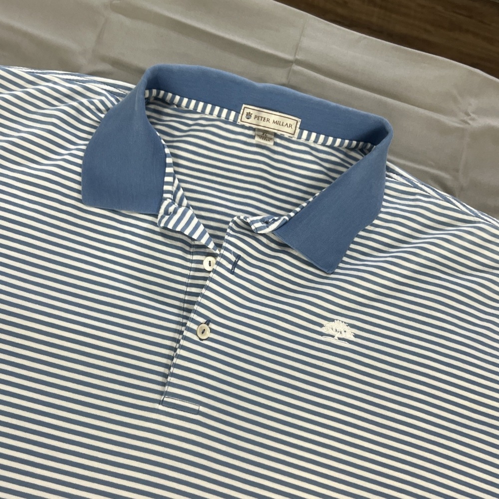 Peter Millar Shirt Mens XL Blue Striped Oak Logo Golf Polo 100% Cotton